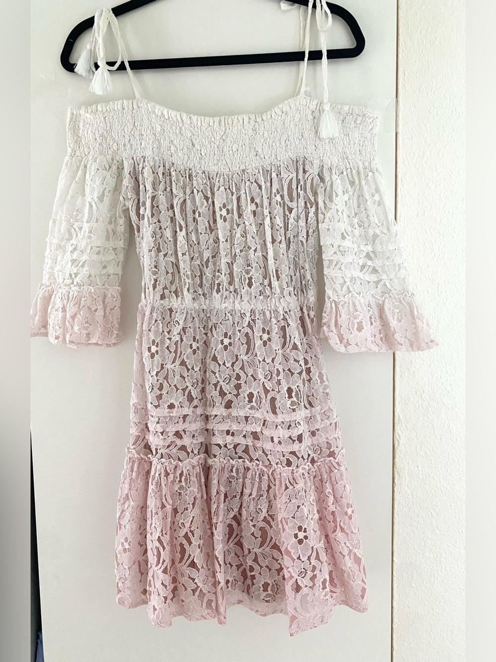 Guess Off-Shoulder Lace Tiered Dress in White and Blush